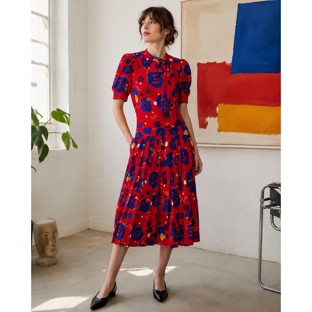 Vintage SSSSS Silk Abstract Print Midi Dress Size 10 Art Teacher Memphis‎ Milano